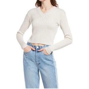 NWT BP. Reagan Women's Ivory Rib Knit Lightweight Cropped V-Neck Sweater SZ XS